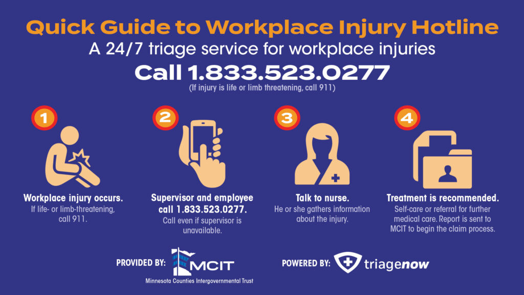 Quick reference guide for the workplace injury hotline: number to call, and the referral process 