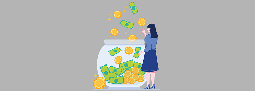 Illustration of woman in front of large bowl holding dollars and coins, some of money moving out of the bowl as a concept of distributing funds as a dividend