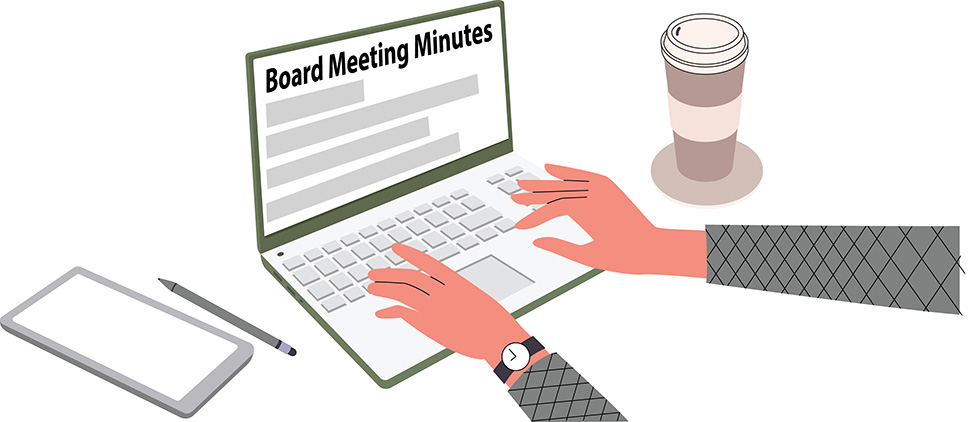 Illustration close up of hands typing on laptop. Screen shows 