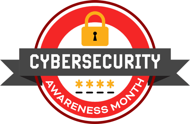 Cybersecurity Awareness Month logo: red circle with gray banner, padlock and password icon