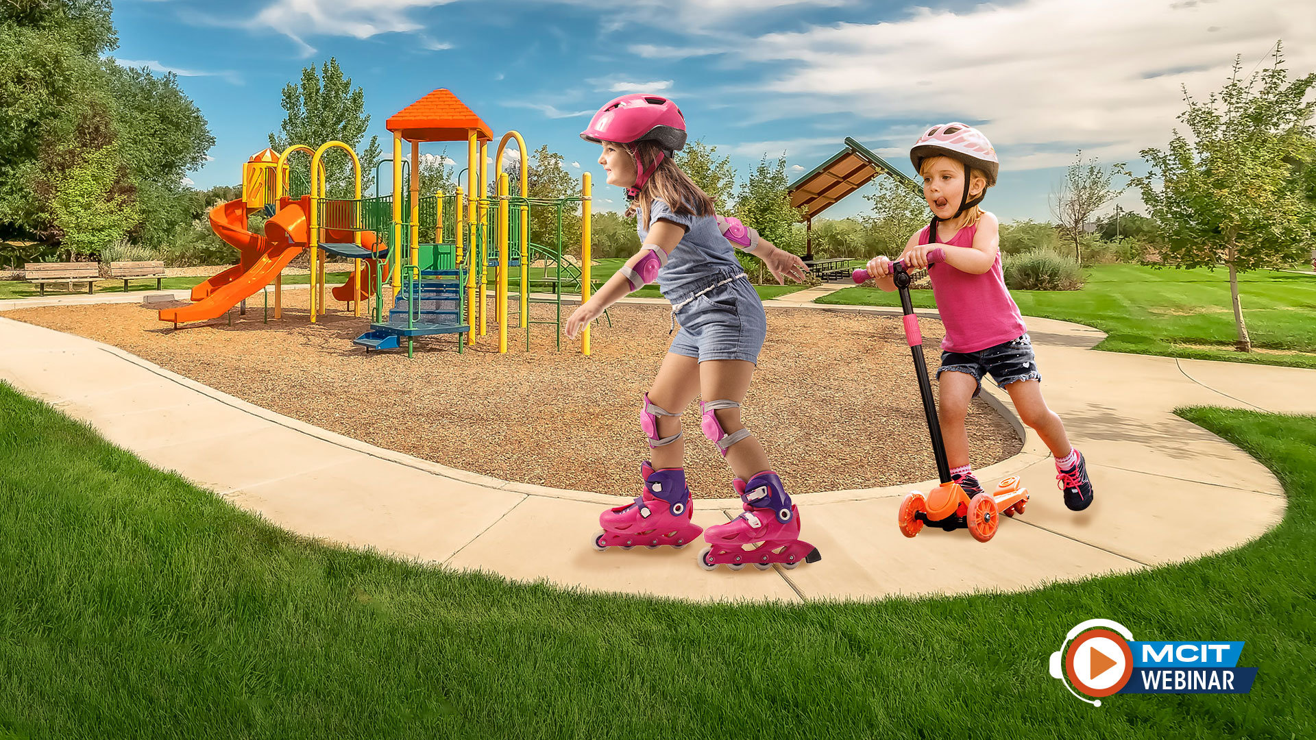 Two girls skating past a playground. MCIT webinar logo.