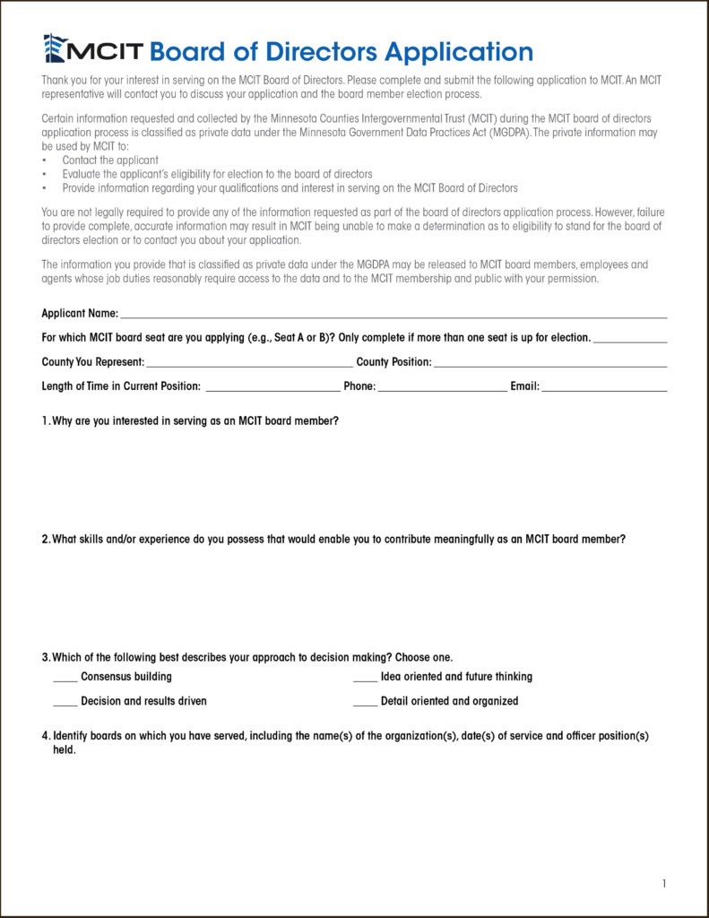 Page 1 of MCIT Board of Directors application form