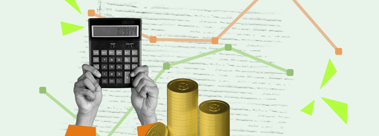 Collage of calculator, coins, and graphs.