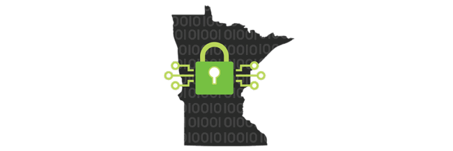 State of Minnesota filled with binary code with lime green padlock superimposed above it: cybersecurity concept
