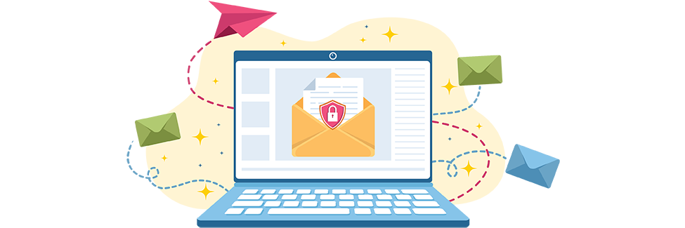 Illustrated laptop open to email icon and envelopes and paper airplane fly around screen
