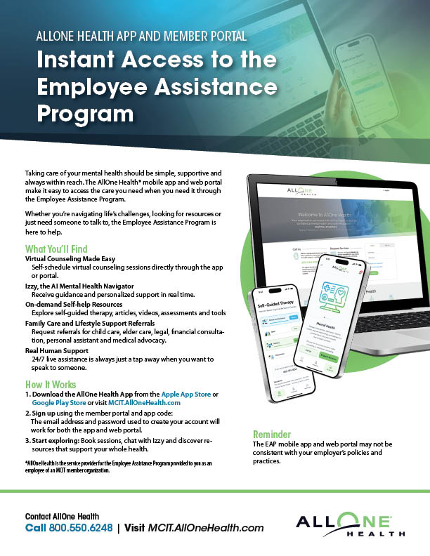 Flier explaining AllOne Health web portal and mobile app
