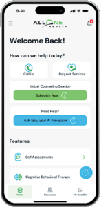 Mobile phone screen shows AllOne Health app