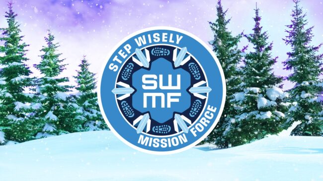 Step Wisely mission force blue circular logo in the center of snowy pine trees