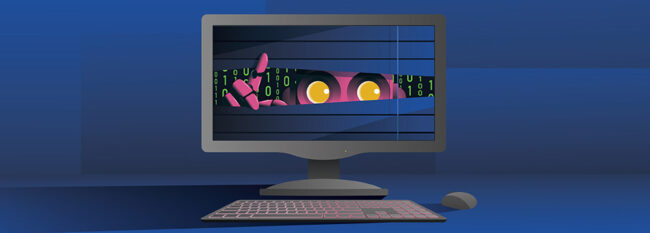 Illustration of computer screen showing robot peeking through blinds