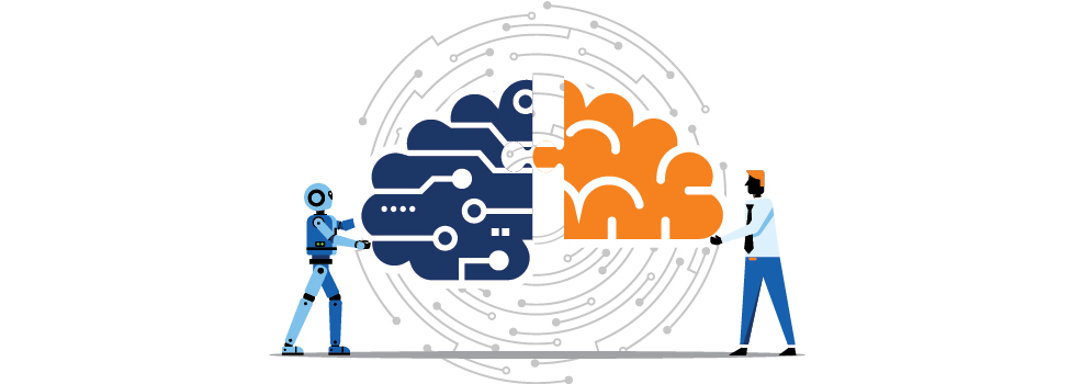 Concept illustration of artificial intelligence: robot and circuit board next to person and brain