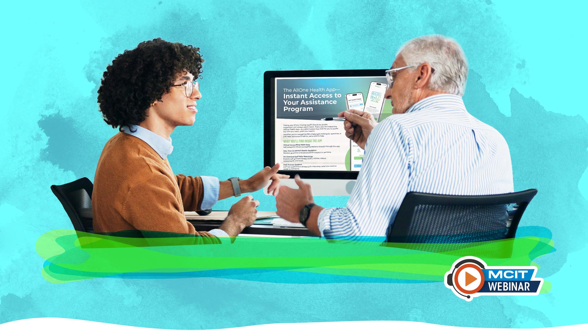 Man points to computer showing information to coworker about EAP App. MCIT webinar icon.