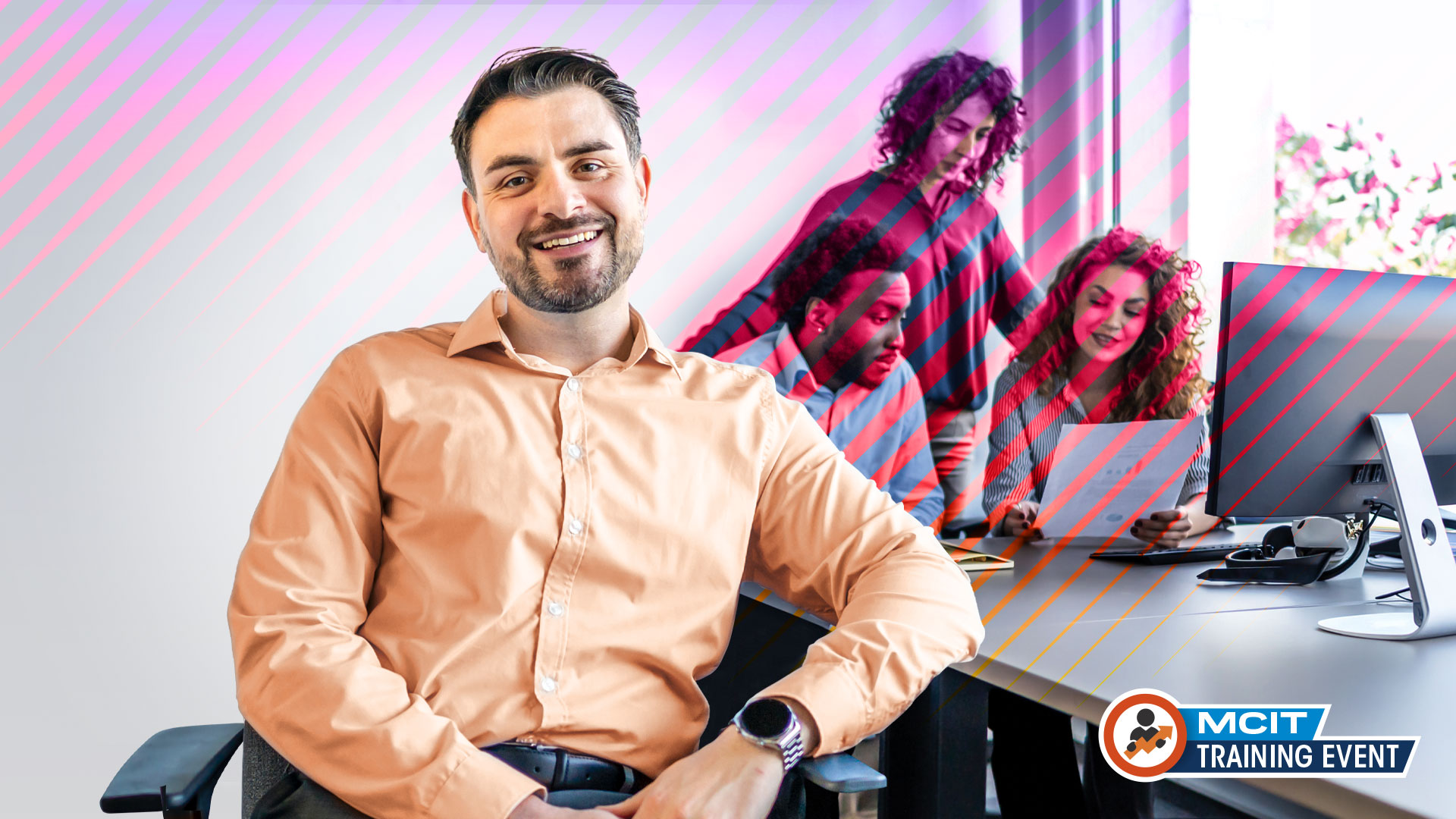 smiling supervisor sitting in front of team working at the computer. MCIT training event logo.