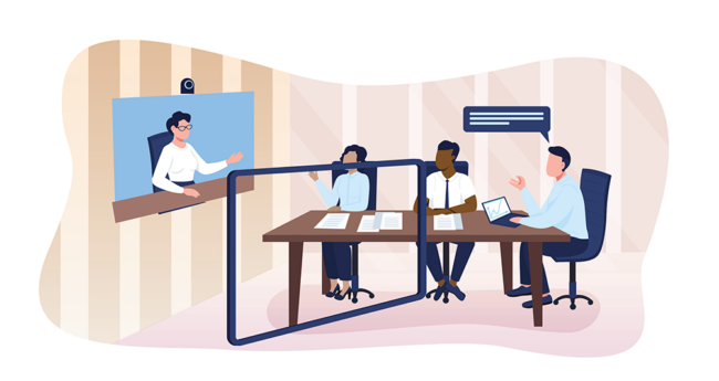 Illustration of group meeting in person and one person joining via virtual remote technology