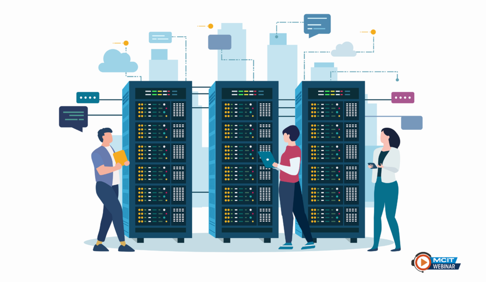 Illustrations of computer servers connected to cloud, mobile devices, computers and employees in foreground