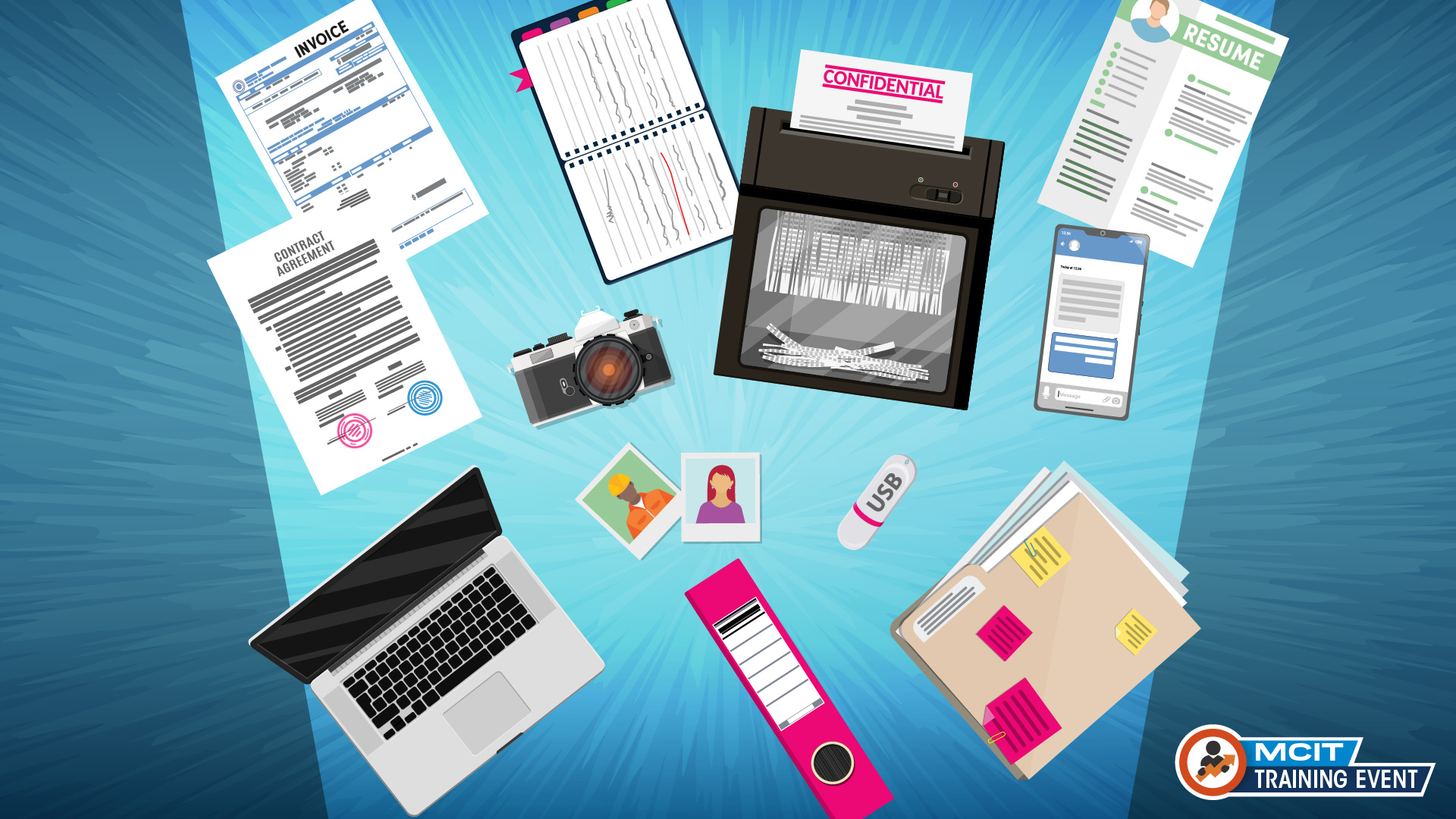 Burst background with different office items related to data including: laptop, binder, photographs, contract, invoice, USB drive and folder.