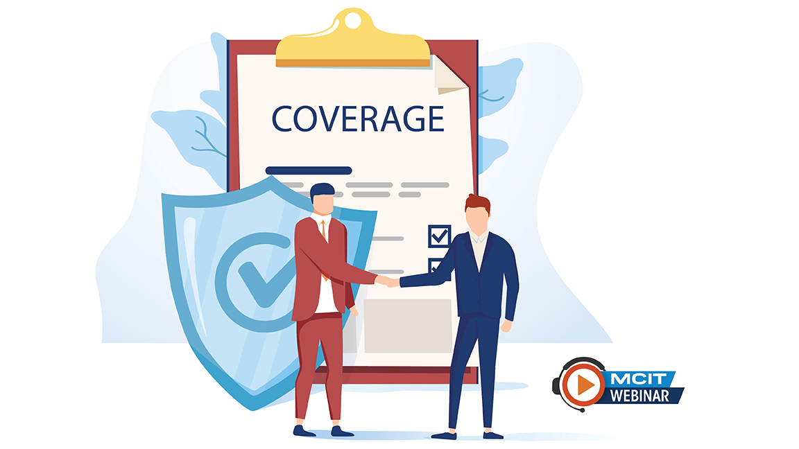 two business people shake hands in front of large clipboard with coverage policy and a shield. MCIT webinar icon.