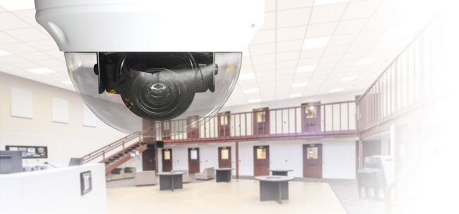 Close up of surveillance camera in a common area of a county jail