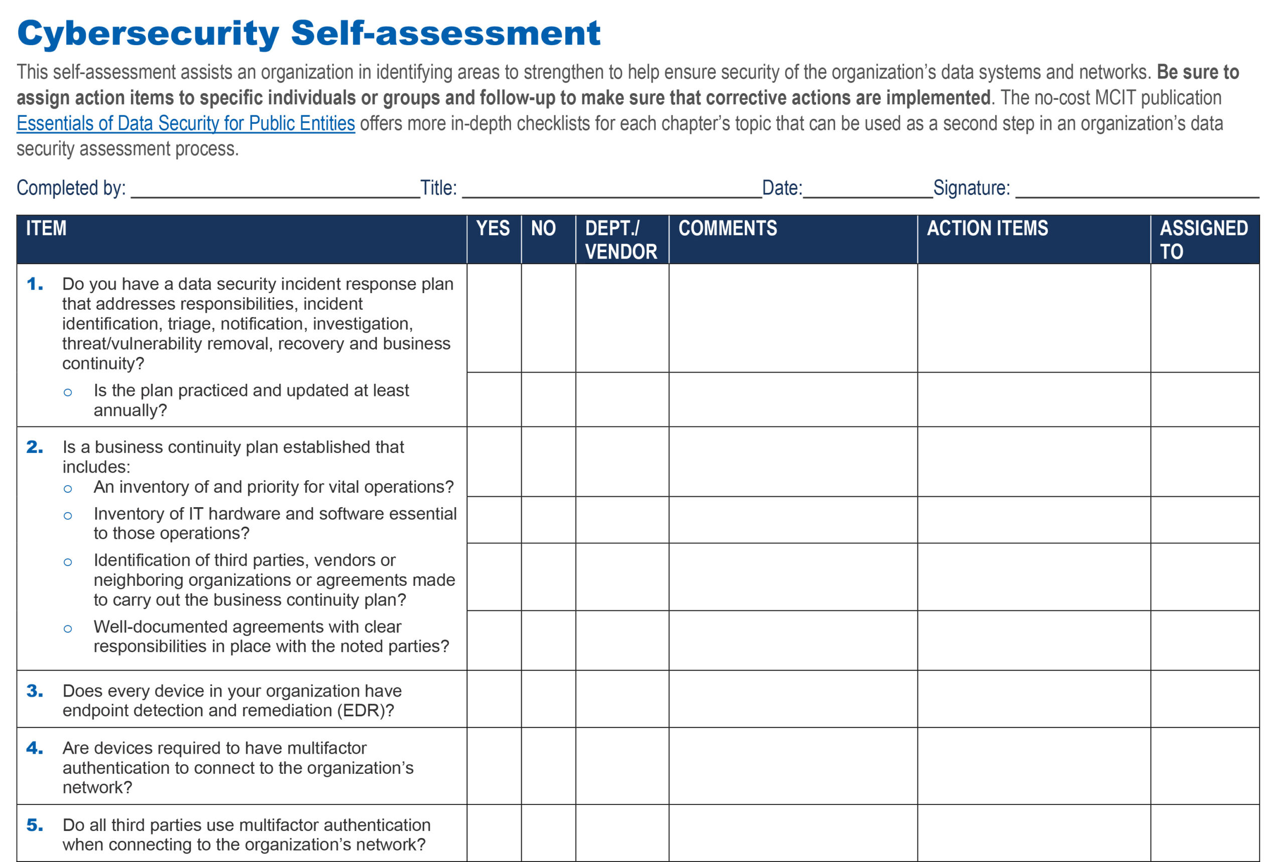 Page 1 of Cybersecurity Self-assessment tool