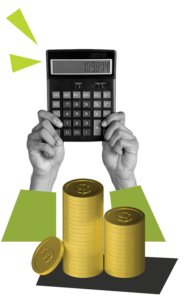 Hands hold up calculator with piles of coins in foreground